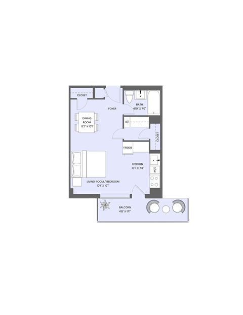 Floor plan for studio, 1 bath, 386 sqft